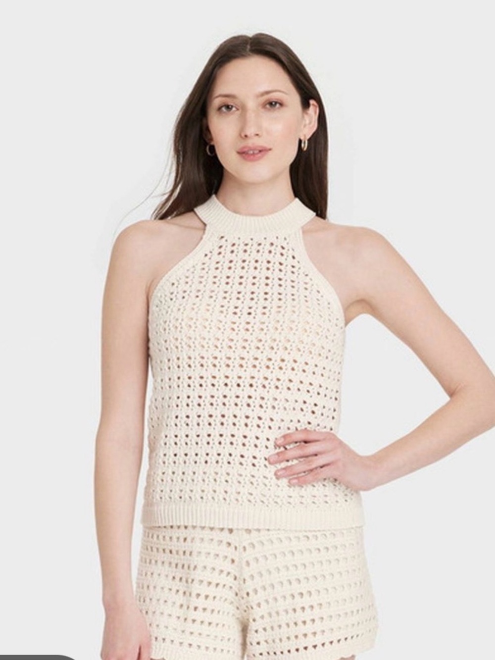 Universal Thread Crochet Halter Knit Tank Top - Cream